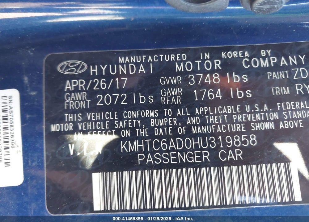 2017 HYUNDAI VELOSTER VIN: KMHTC6AD0HU319858