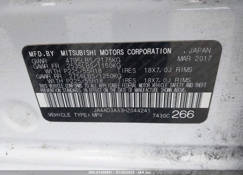 2017 MITSUBISHI OUTLANDER SE VIN: JA4AD3A33HZ044241