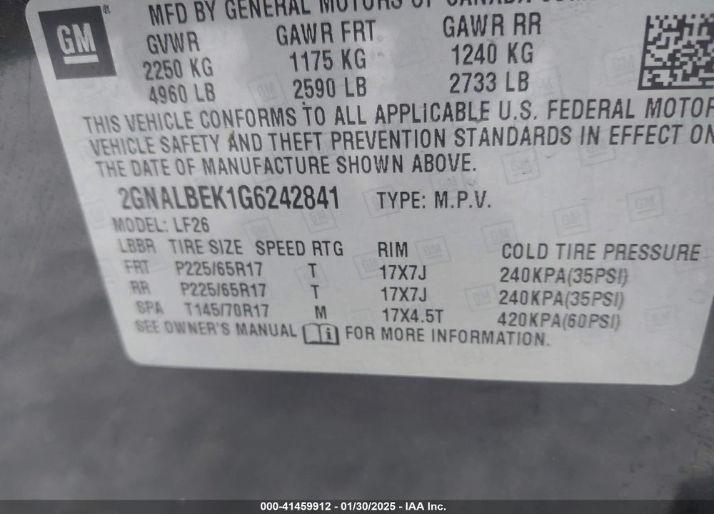 2016 CHEVROLET EQUINOX VIN: 2GNALBEK1G6242841