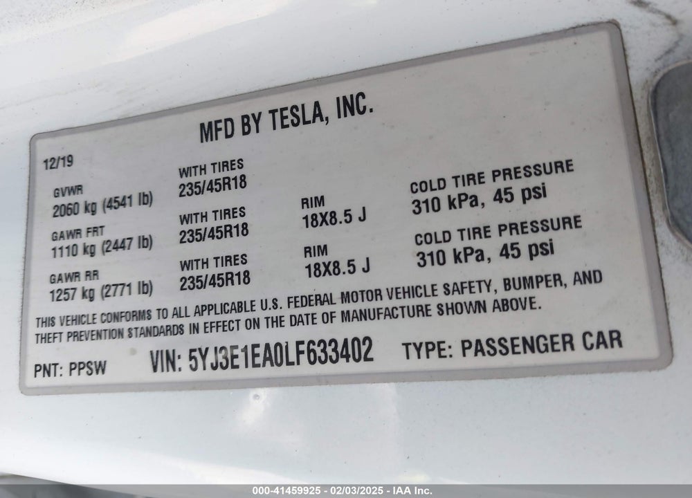 2020 TESLA MODEL 3 VIN: 5YJ3E1EA0LF633402