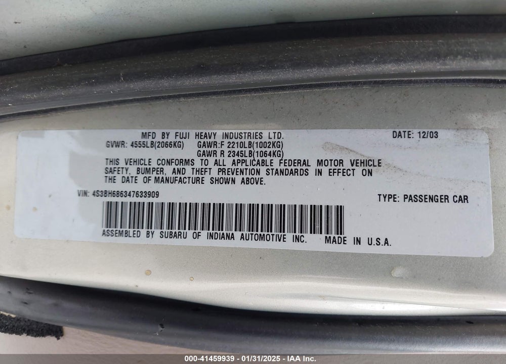 2004 SUBARU OUTBACK LIMITED VIN: 4S3BH686347633909
