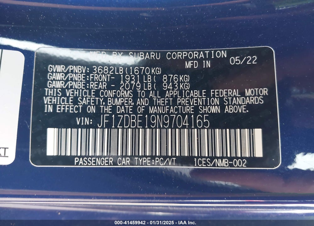 2022 SUBARU BRZ VIN: JF1ZDBE19N9704165