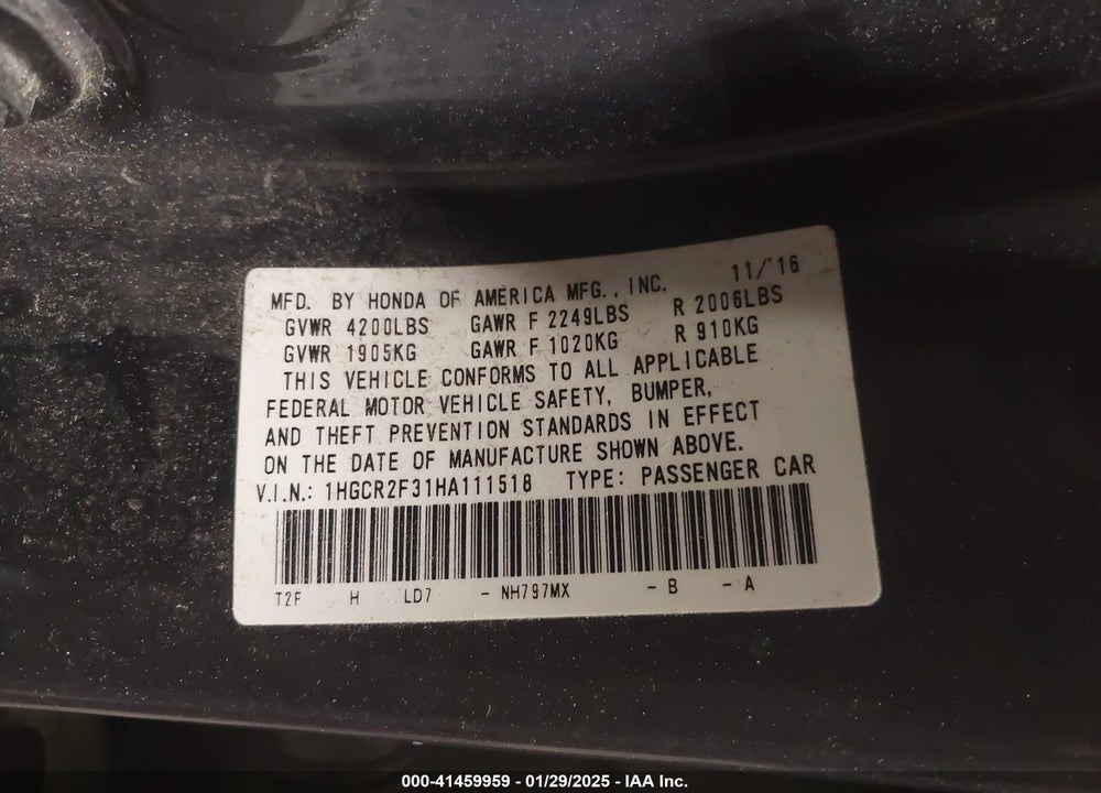 2017 HONDA ACCORD VIN: 1HGCR2F31HA111518