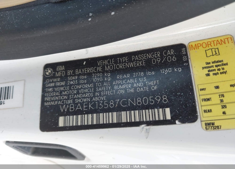 2007 BMW 650I VIN: WBAEK13587CN80598