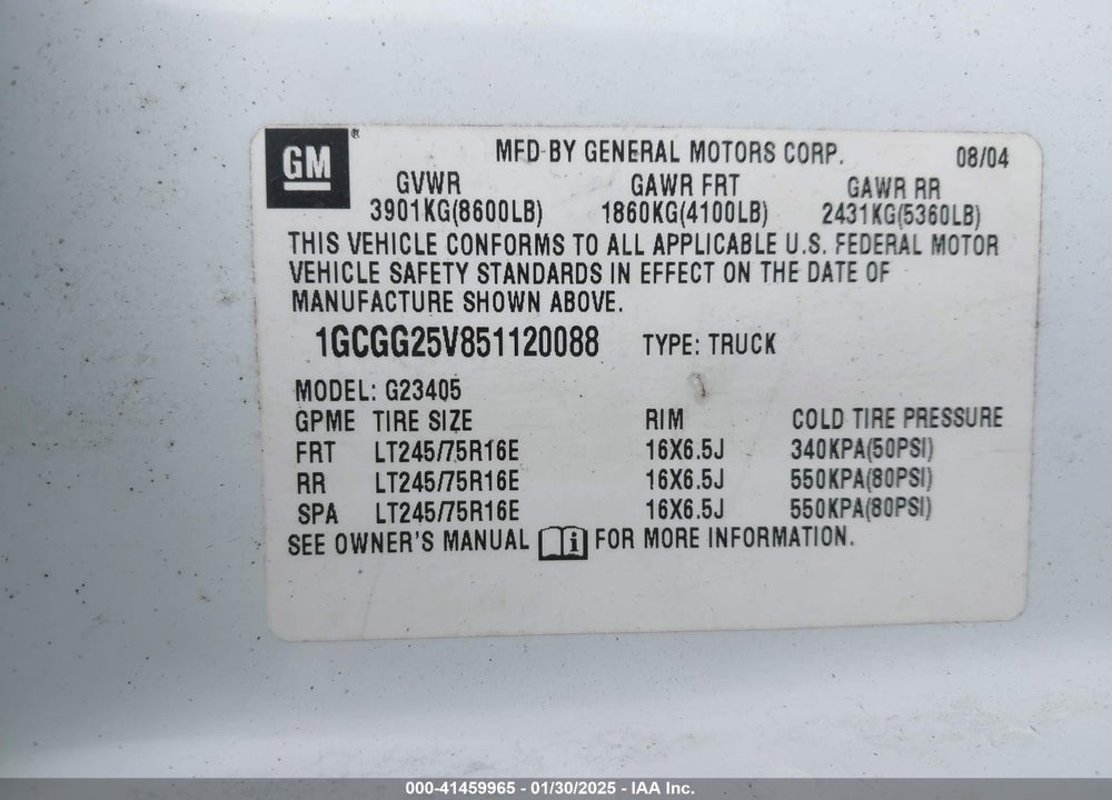 2005 CHEVROLET EXPRESS VIN: 1GCGG25V851120088