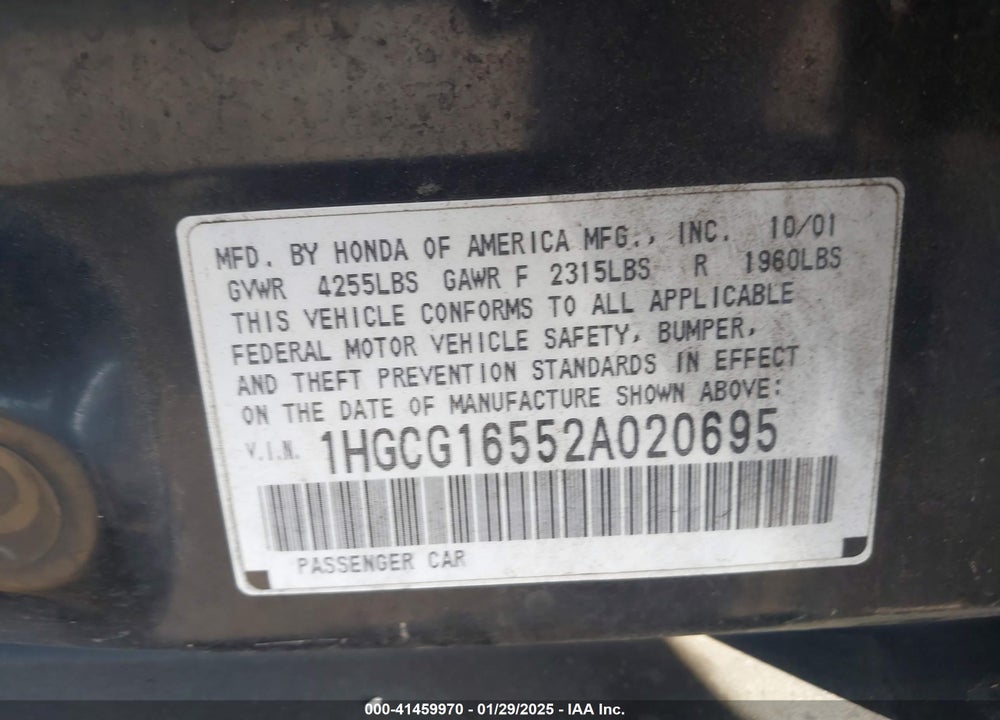 2002 HONDA ACCORD VIN: 1HGCG16552A020695