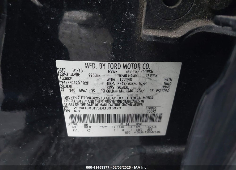 2011 LINCOLN MKX VIN: 2LMDJ8JK3BBJ05873