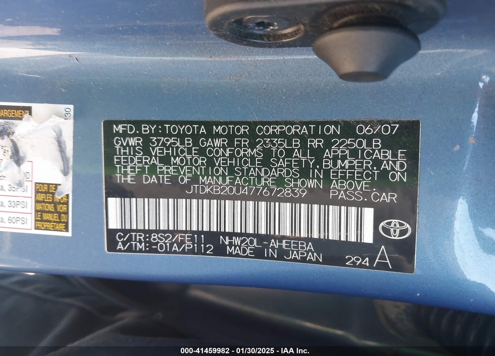 2007 TOYOTA PRIUS VIN: JTDKB20U477672839