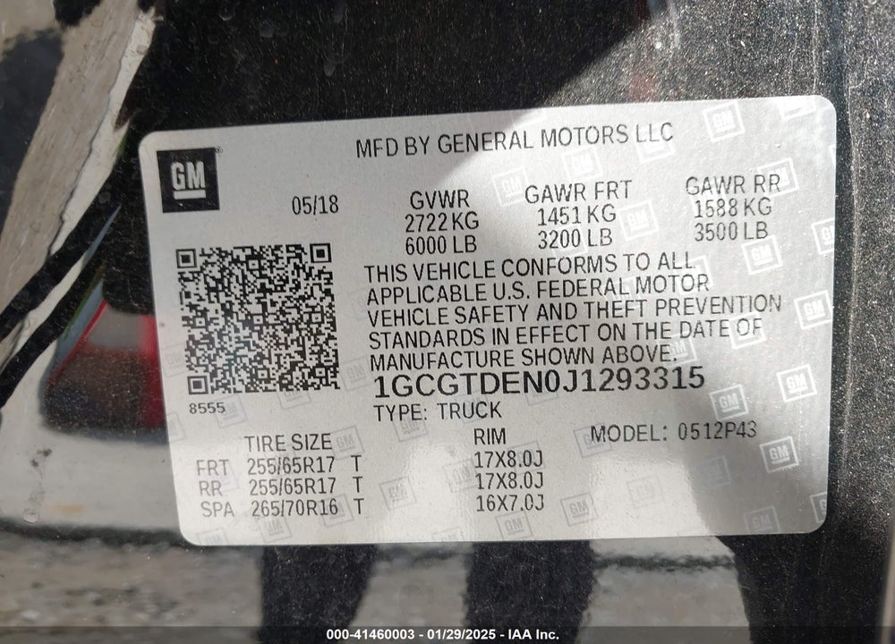 2018 CHEVROLET COLORADO VIN: 1GCGTDEN0J1293315