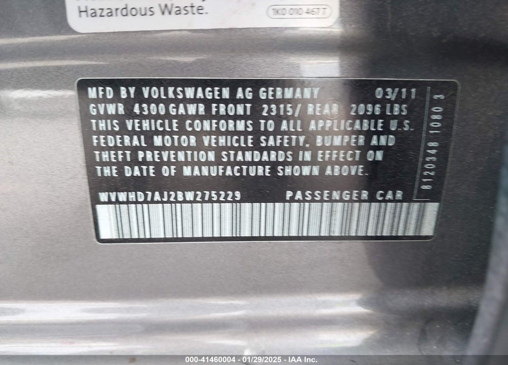2011 VOLKSWAGEN GTI VIN: WVWHD7AJ2BW275229