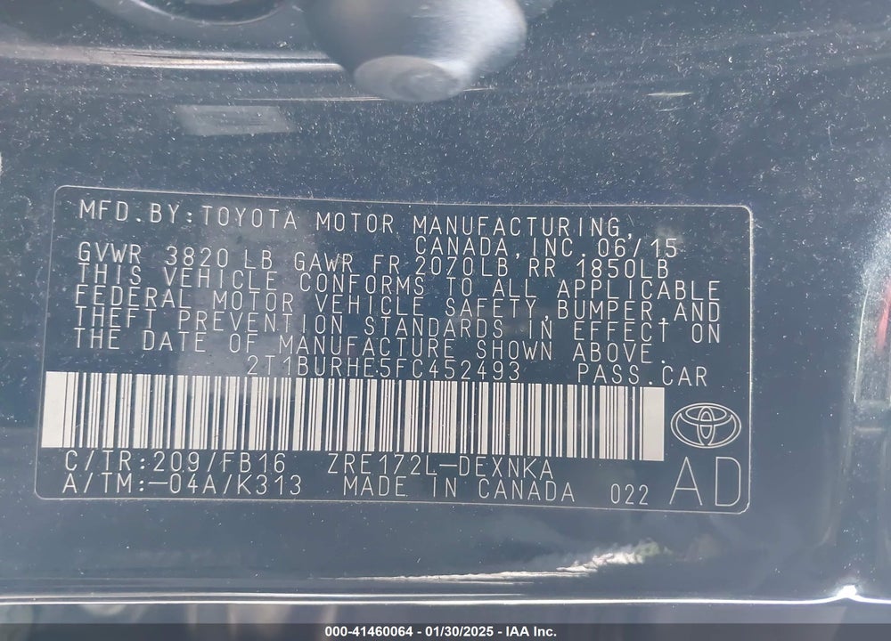 2015 TOYOTA COROLLA VIN: 2T1BURHE5FC452493