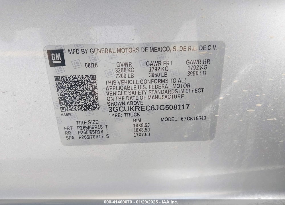 2018 CHEVROLET SILVERADO VIN: 3GCUKREC6JG508117