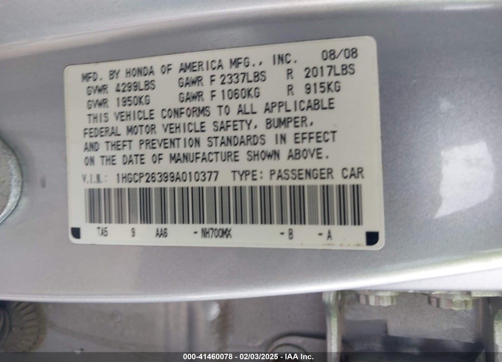 2009 HONDA ACCORD VIN: 1HGCP26399A010377
