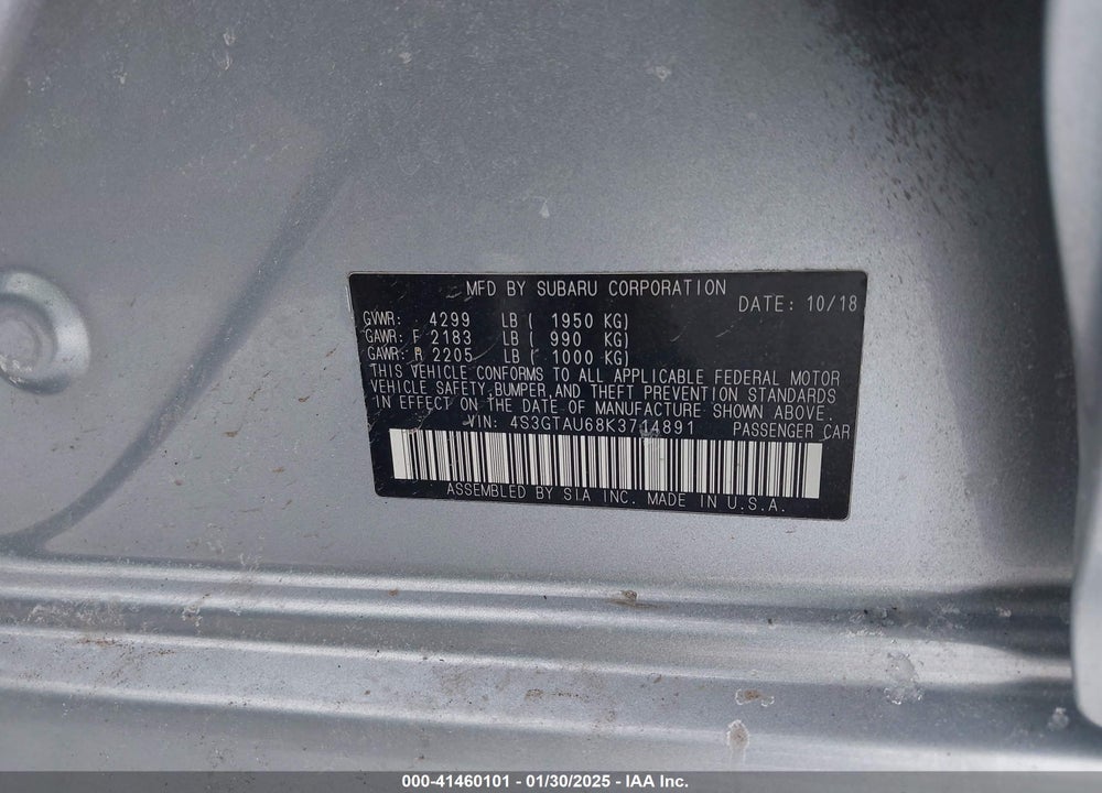 2019 SUBARU IMPREZA VIN: 4S3GTAU68K3714891