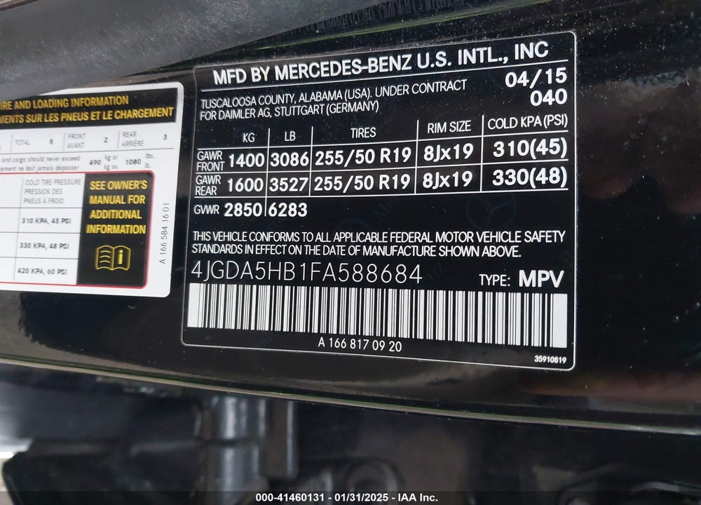2015 MERCEDES-BENZ ML 350 4MATIC VIN: 4JGDA5HB1FA588684
