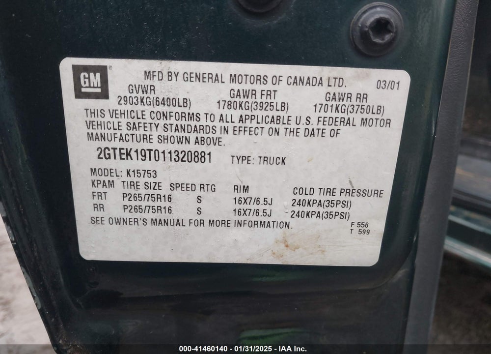 2001 GMC SIERRA 1500 SLE VIN: 2GTEK19T011320881
