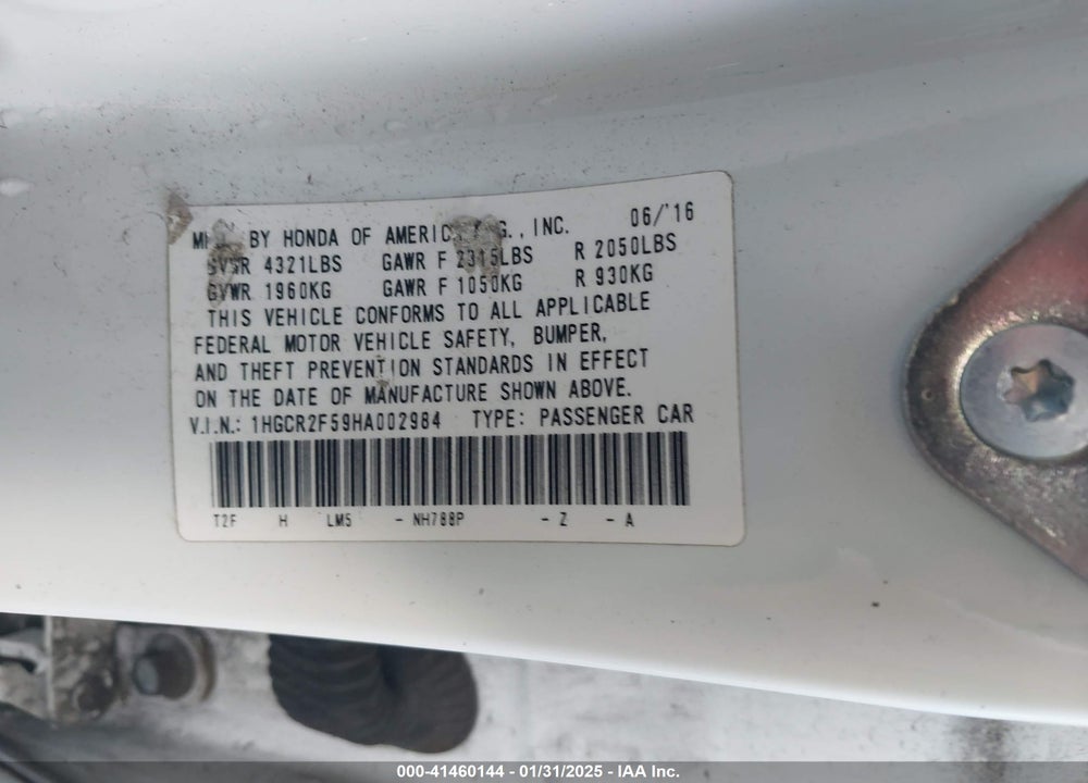 2017 HONDA ACCORD VIN: 1HGCR2F59HA002984