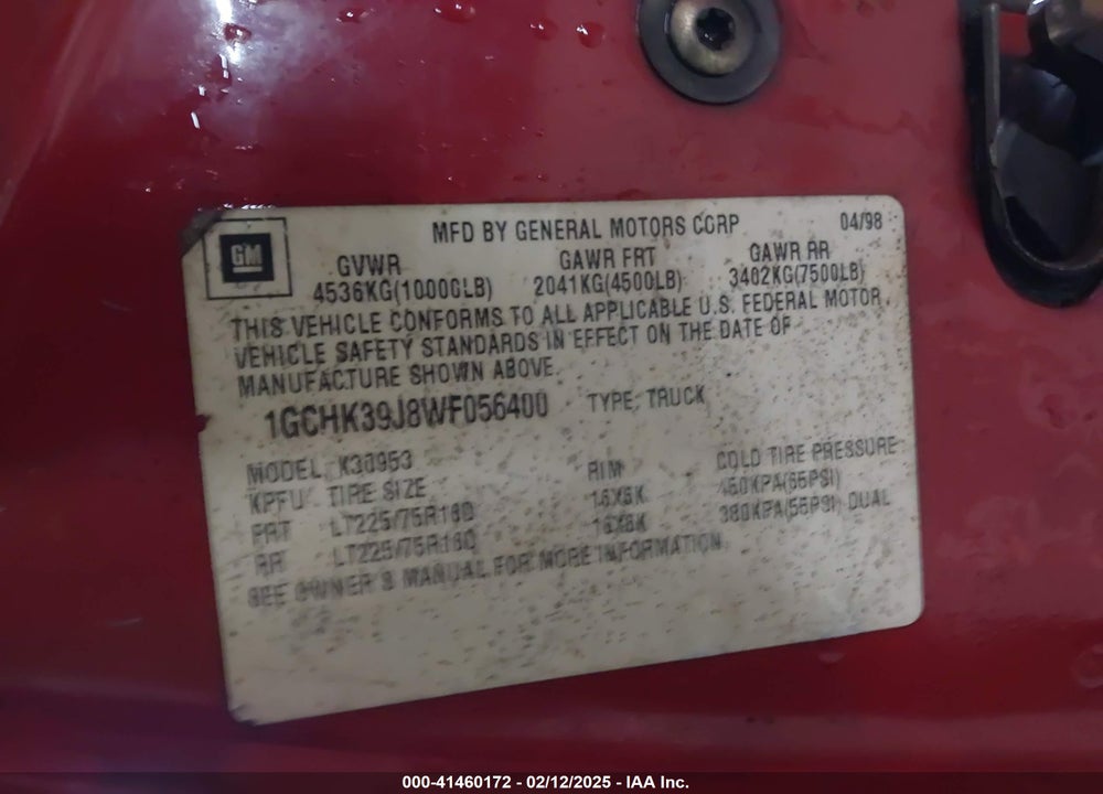 1998 CHEVROLET C3500 VIN: 1GCHK39J8WF056400