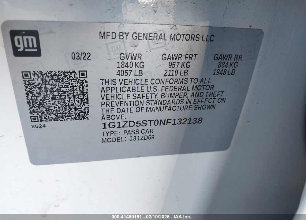 2022 CHEVROLET MALIBU VIN: 1G1ZD5ST0NF132138