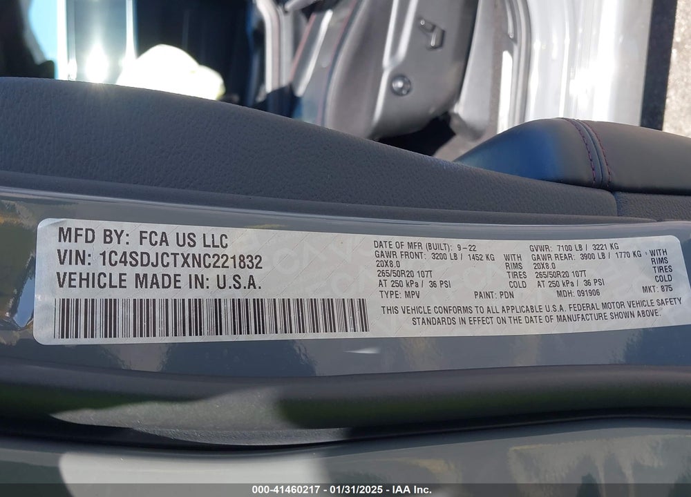 2022 DODGE DURANGO VIN: 1C4SDJCTXNC221832