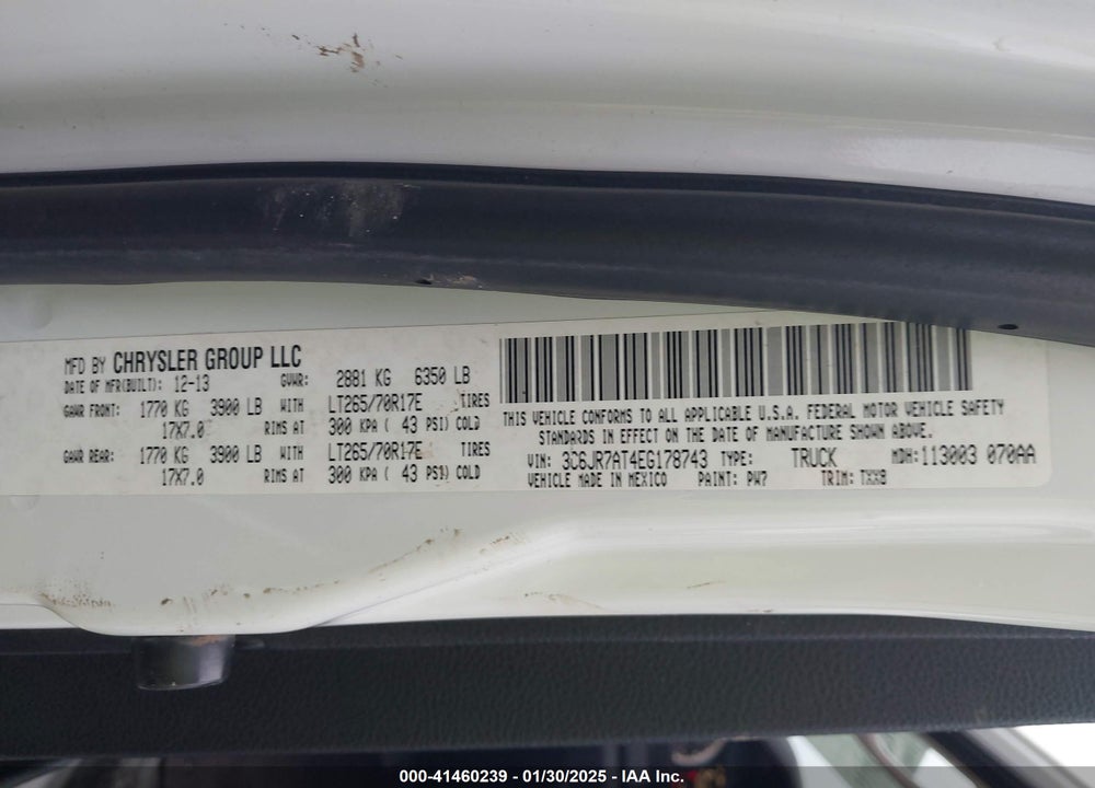 2014 RAM 1500 VIN: 3C6JR7AT4EG178743