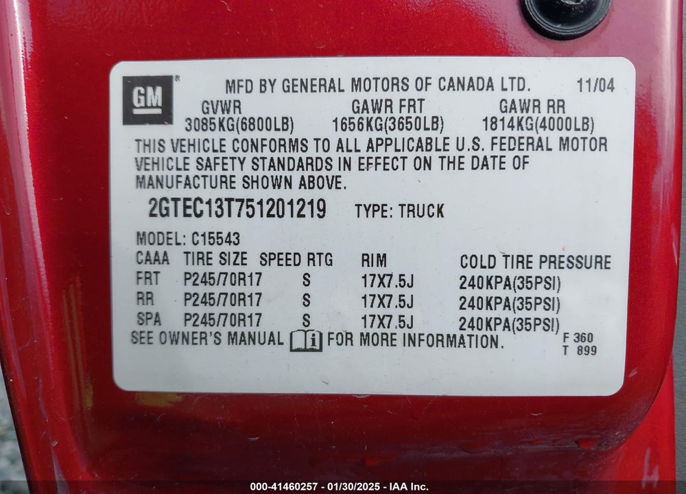 2005 GMC SIERRA 1500 SLE VIN: 2GTEC13T751201219