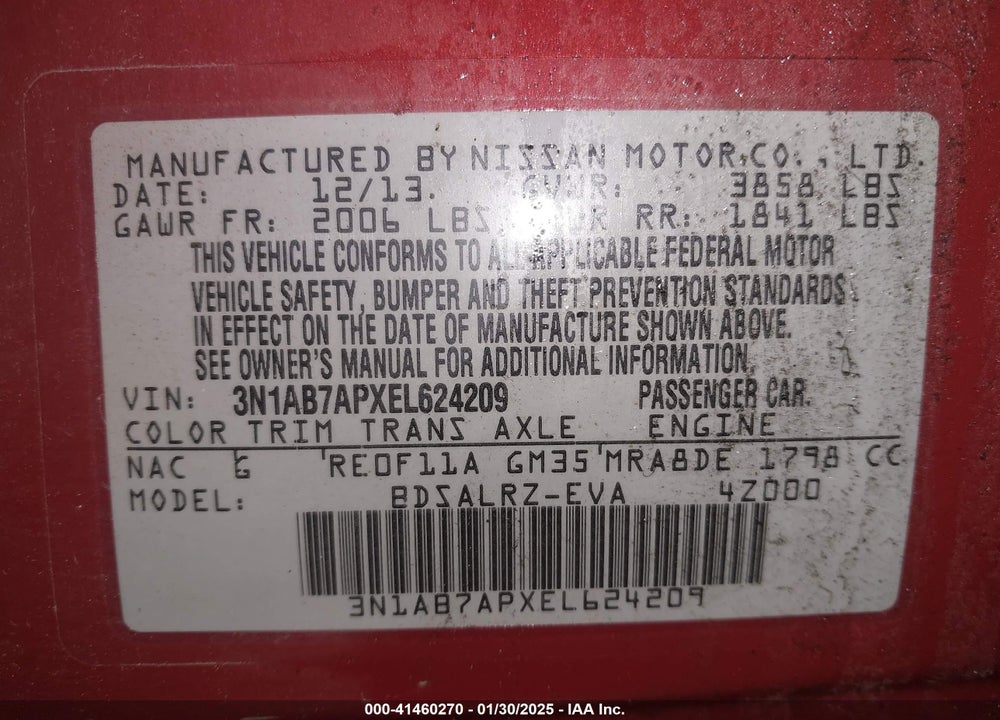 2014 NISSAN SENTRA SR VIN: 3N1AB7APXEL624209