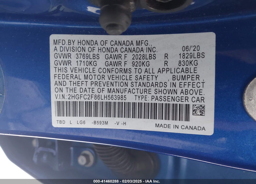 2020 HONDA CIVIC SPORT VIN: 2HGFC2F86LH563985