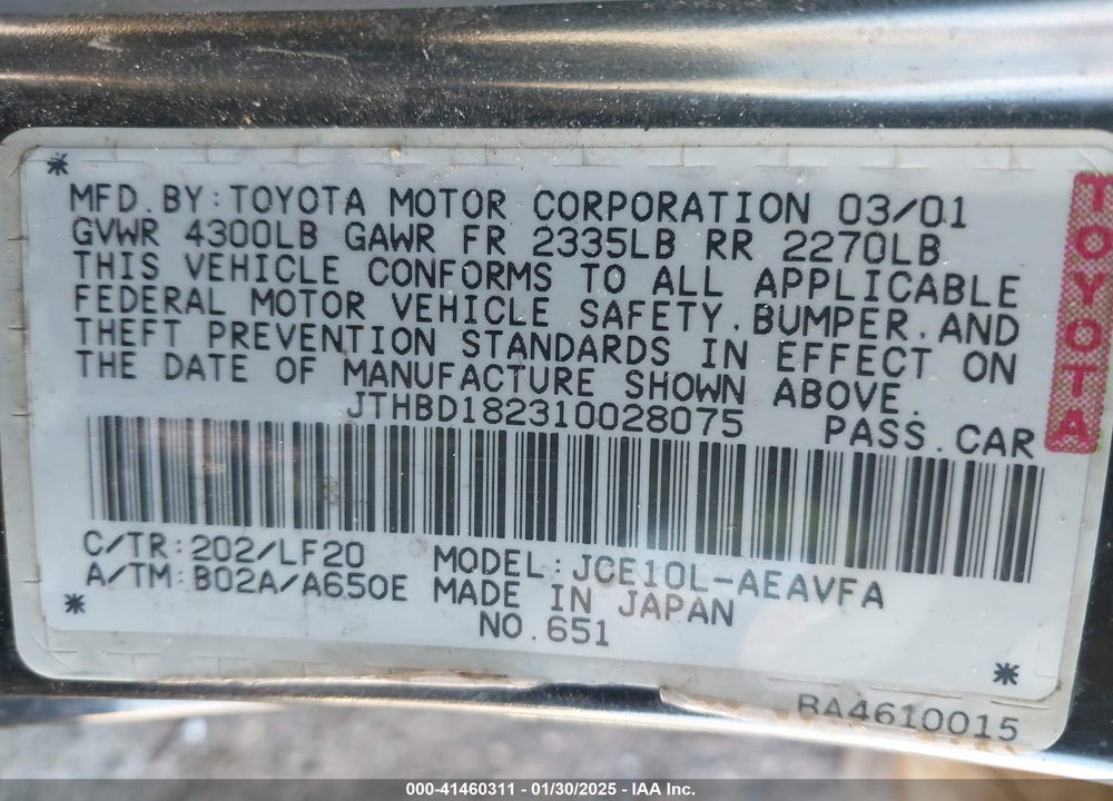 2001 LEXUS IS 300 VIN: JTHBD182310028075