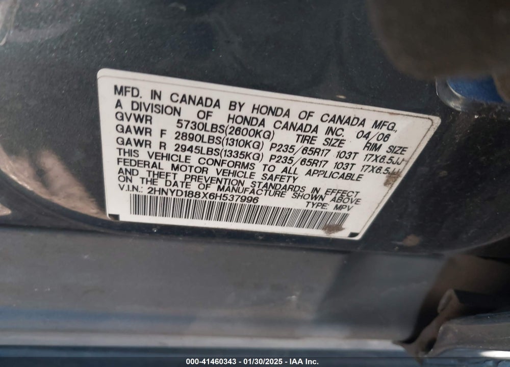 2006 ACURA MDX VIN: 2HNYD188X6H537996