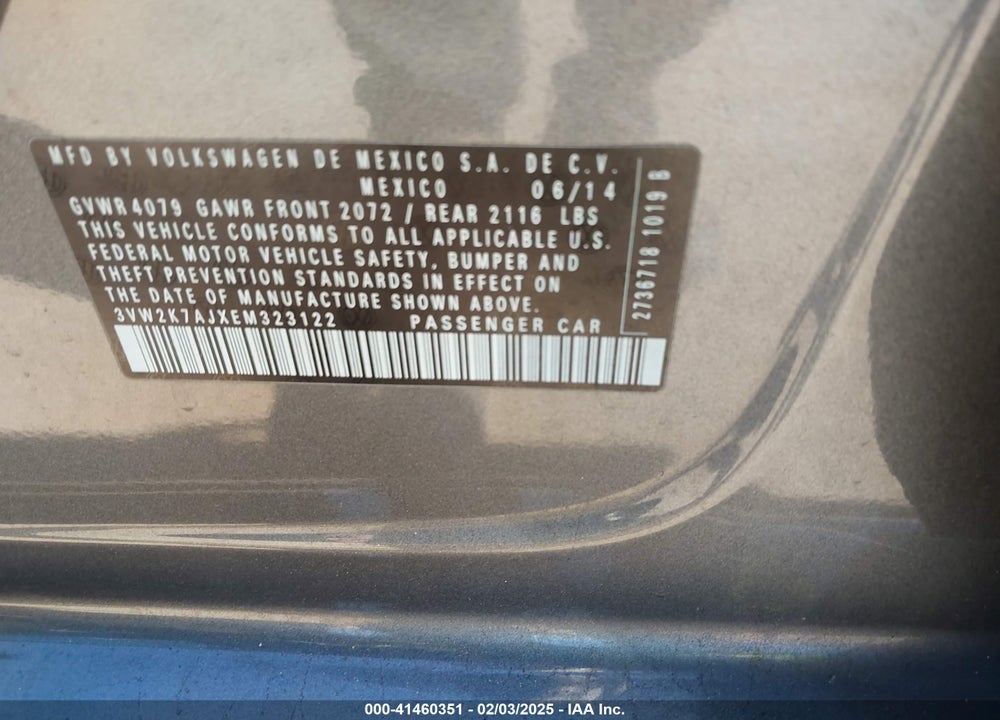 2014 VOLKSWAGEN JETTA VIN: 3VW2K7AJXEM323122