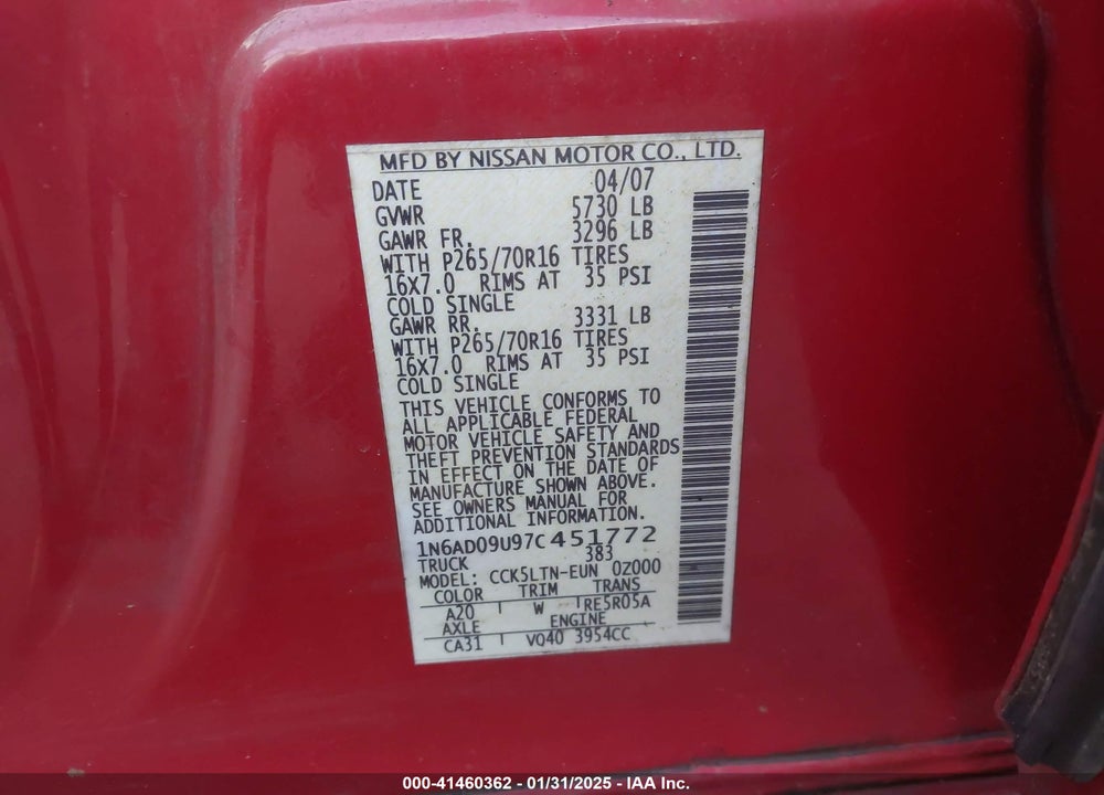 2007 NISSAN FRONTIER SE VIN: 1N6AD09U97C451772