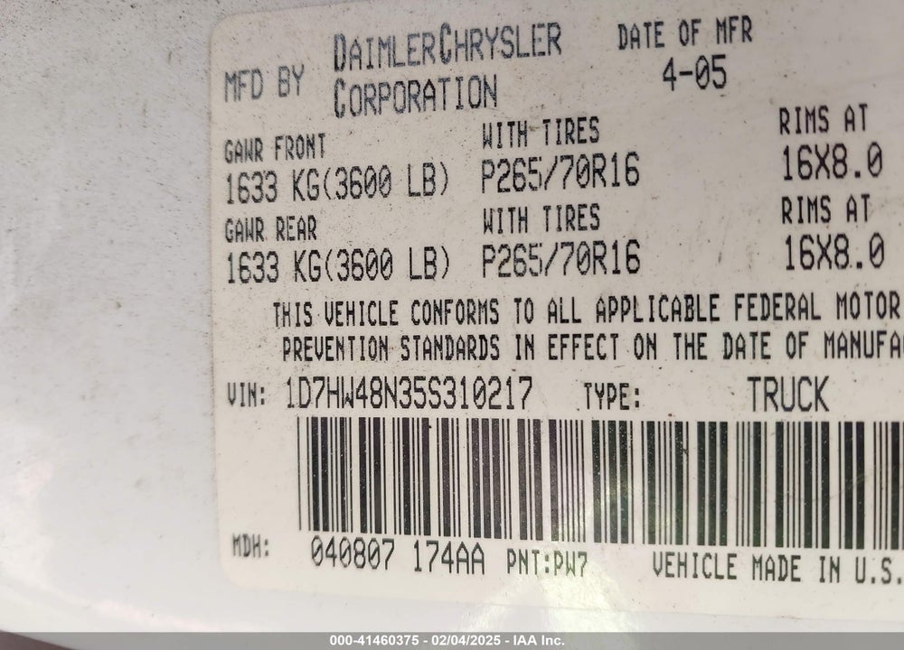 2005 DODGE DAKOTA SLT VIN: 1D7HW48N35S310217