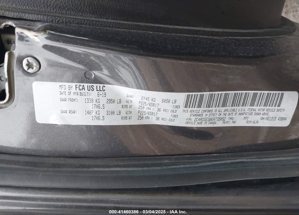 2019 DODGE GRAND CARAVAN VIN: 2C4RDGEG6KR735052