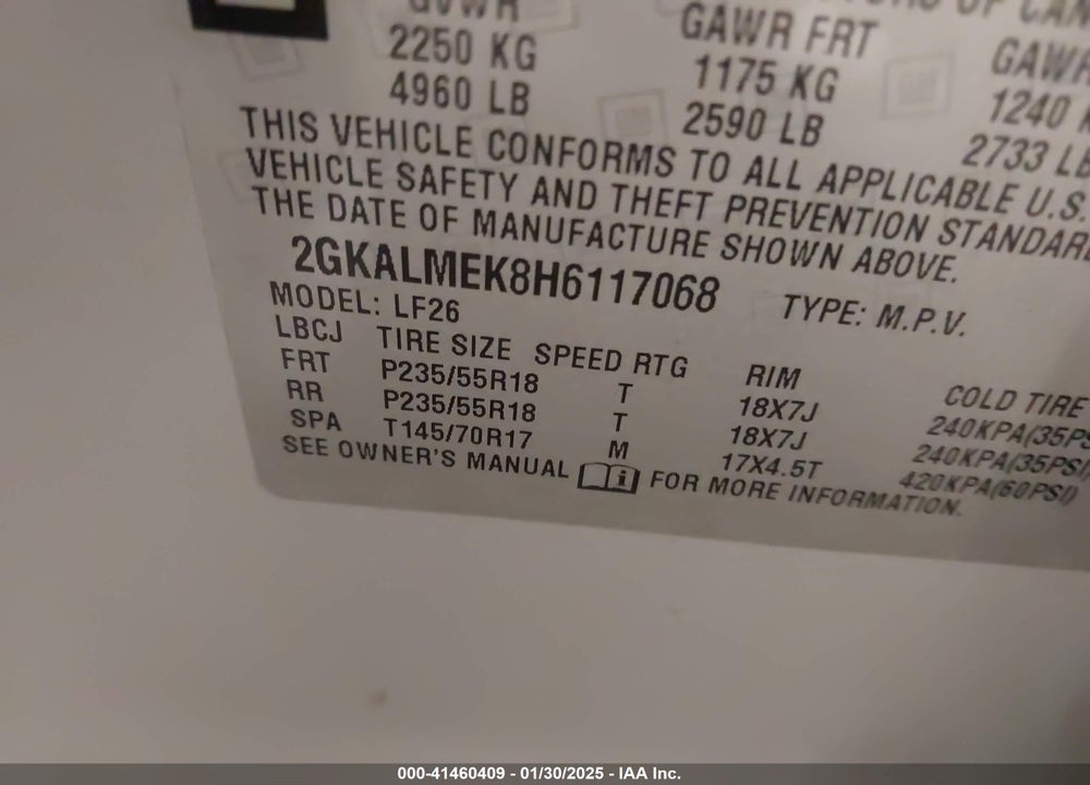 2017 GMC TERRAIN SLE-1 VIN: 2GKALMEK8H6117068