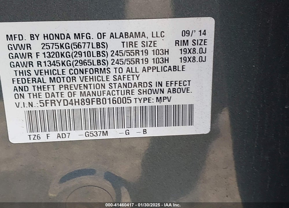 2015 ACURA MDX ADVANCE PKG W/ENTERTAINMENT PKG VIN: 5FRYD4H89FB016005