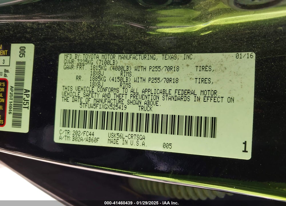 2016 TOYOTA TUNDRA VIN: 5TFUW5F1XGX525419