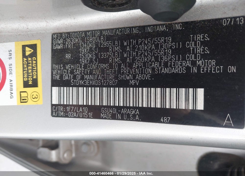 2013 TOYOTA HIGHLANDER LIMITED V6 VIN: 5TDYK3EHXDS127807