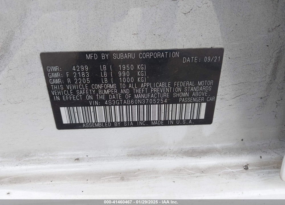 2022 SUBARU IMPREZA VIN: 4S3GTAB60N3705254