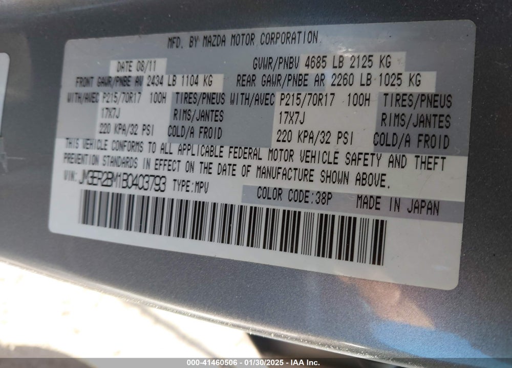 2011 MAZDA CX-7 I SPORT VIN: JM3ER2BM1B0403793