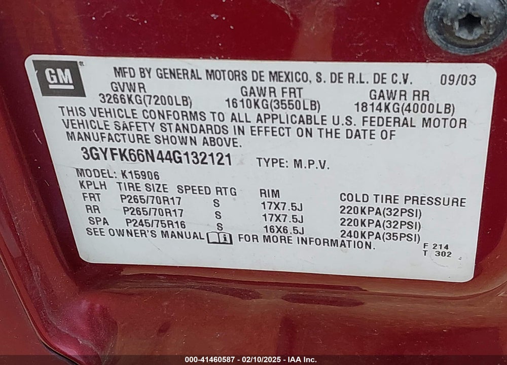 2004 CADILLAC ESCALADE ESV STANDARD VIN: 3GYFK66N44G132121