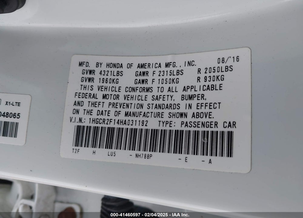 2017 HONDA ACCORD SPORT SE VIN: 1HGCR2F14HA031192