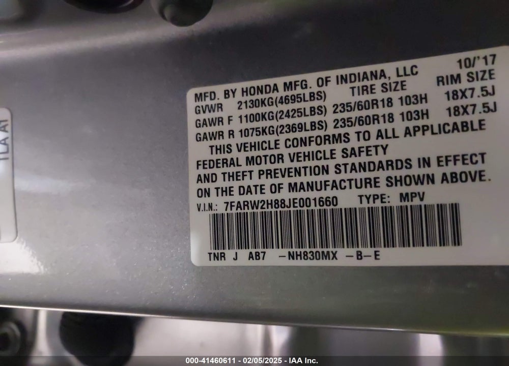 2018 HONDA CR-V EX-L/EX-L NAVI VIN: 7FARW2H88JE001660