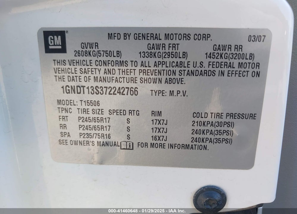 2007 CHEVROLET TRAILBLAZER LS VIN: 1GNDT13S372242766
