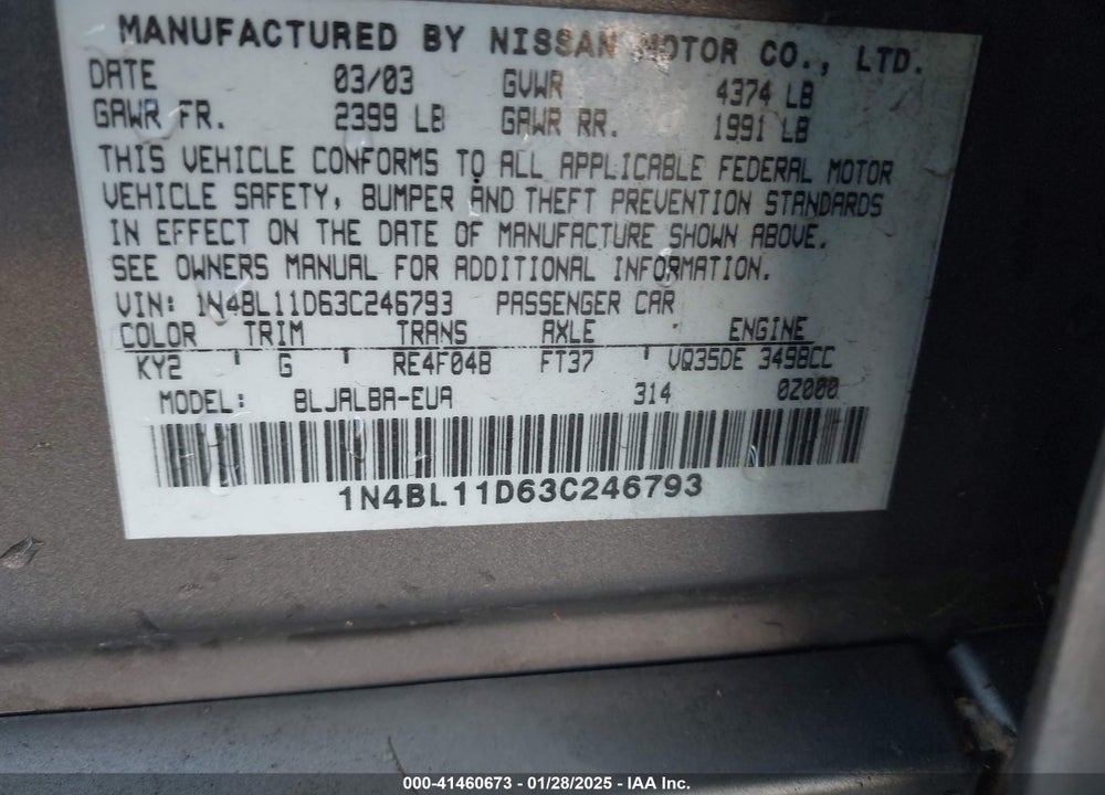 2003 NISSAN ALTIMA 3.5 SE VIN: 1N4BL11D63C246793