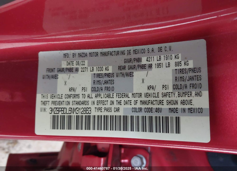 2022 MAZDA 3 VIN: 3MZBPBDL6NM312863