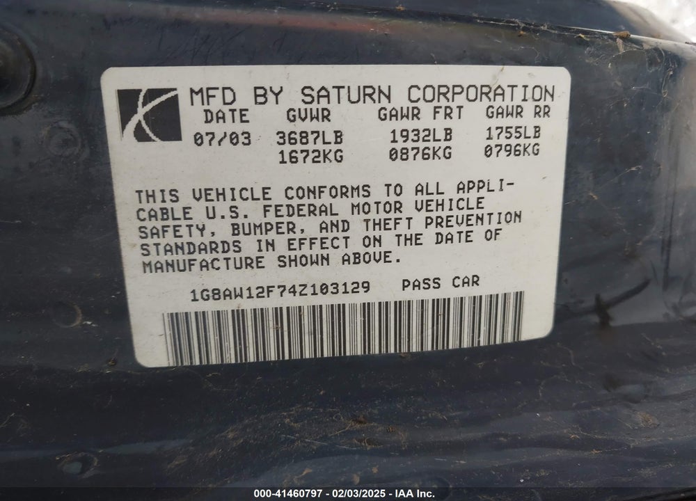 2004 SATURN ION 3 VIN: 1G8AW12F74Z103129