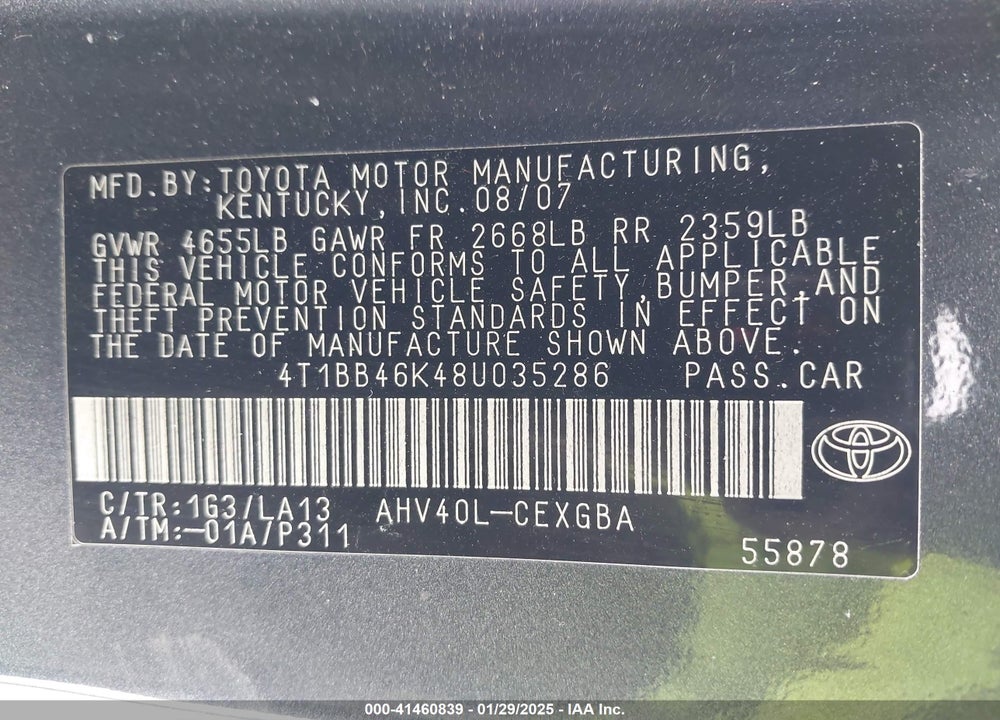 2008 TOYOTA CAMRY HYBRID VIN: 4T1BB46K48U035286