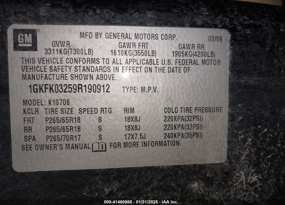 2009 GMC YUKON DENALI VIN: 1GKFK03259R190912