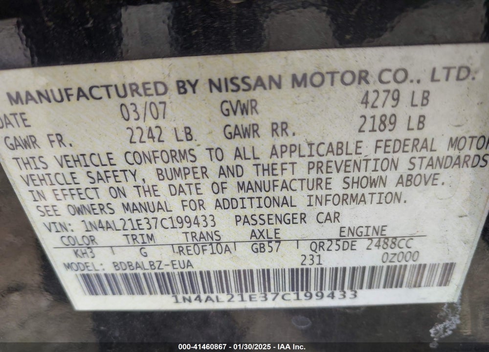 2007 NISSAN ALTIMA 2.5 S VIN: 1N4AL21E37C199433
